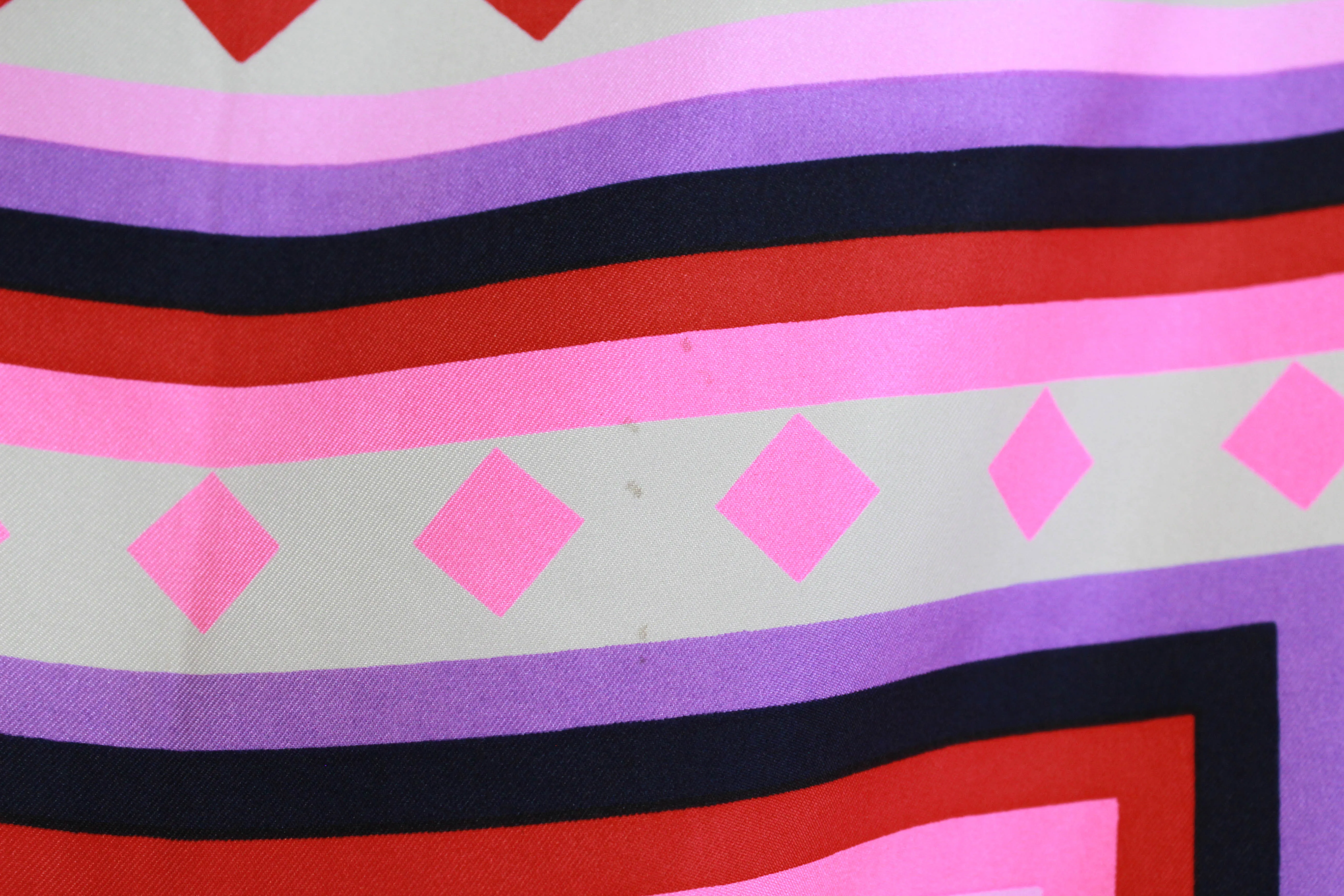 1970s Geoffrey Beene Silk Scarf, Bright Pink Geometric Print