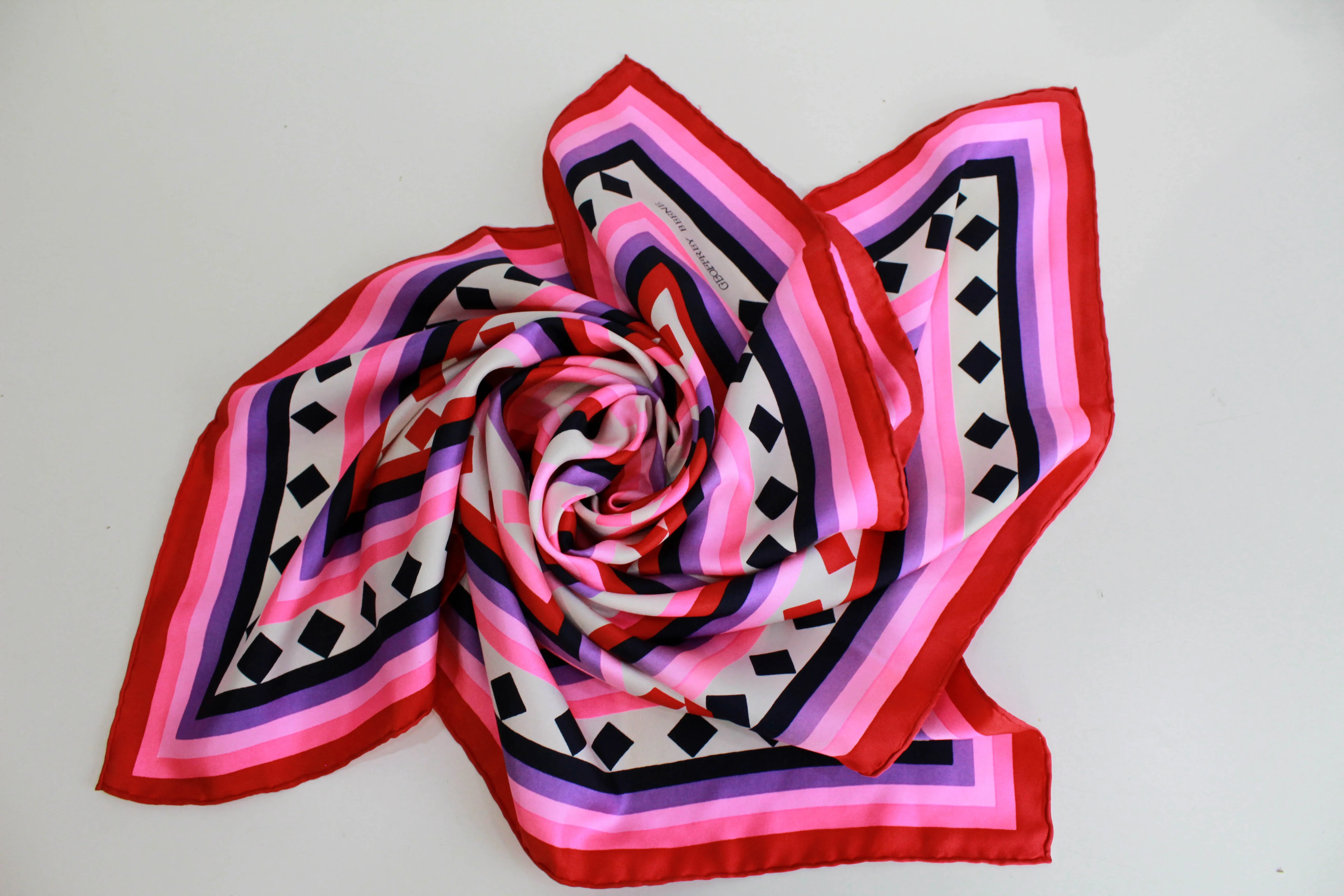 1970s Geoffrey Beene Silk Scarf, Bright Pink Geometric Print