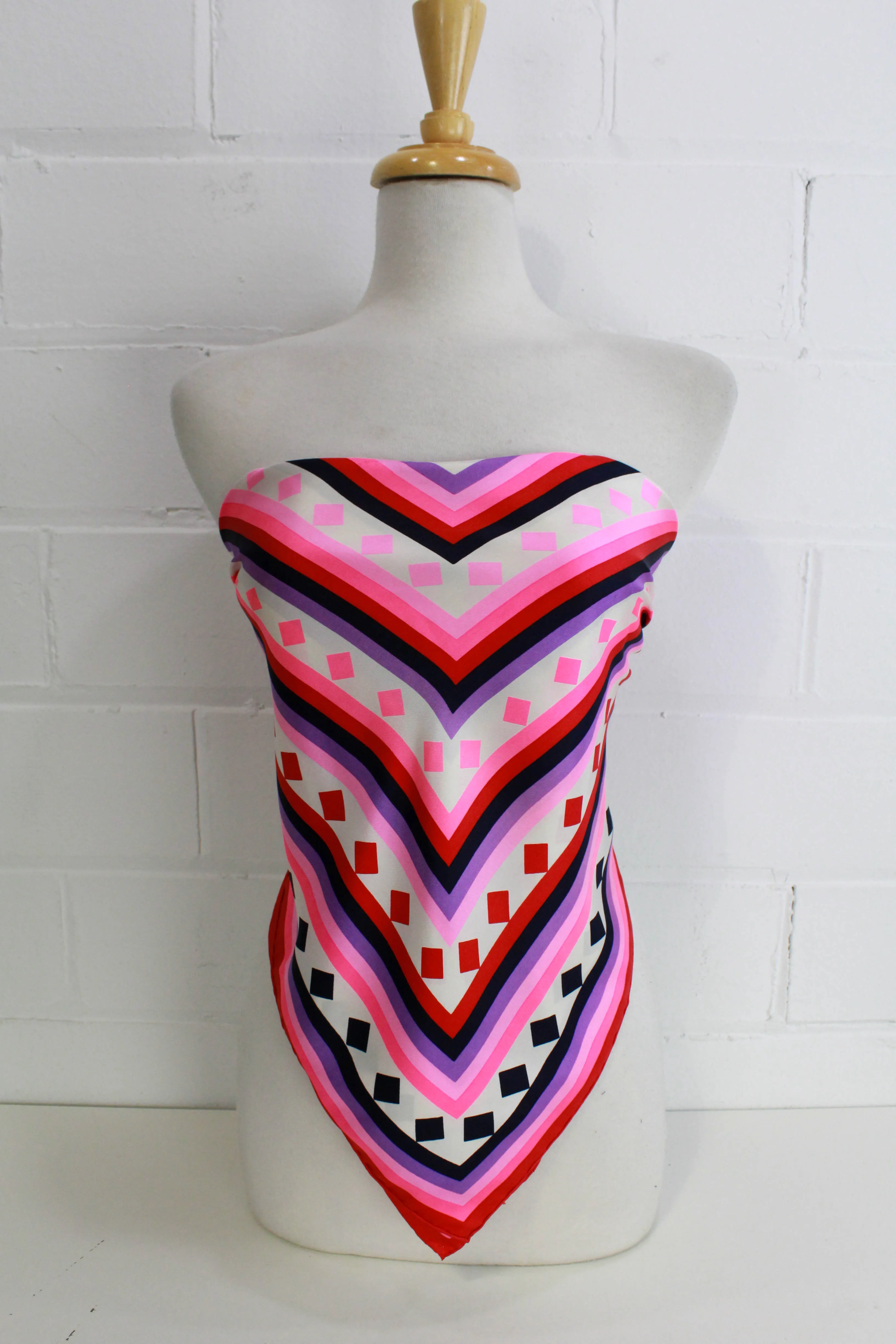 1970s Geoffrey Beene Silk Scarf, Bright Pink Geometric Print