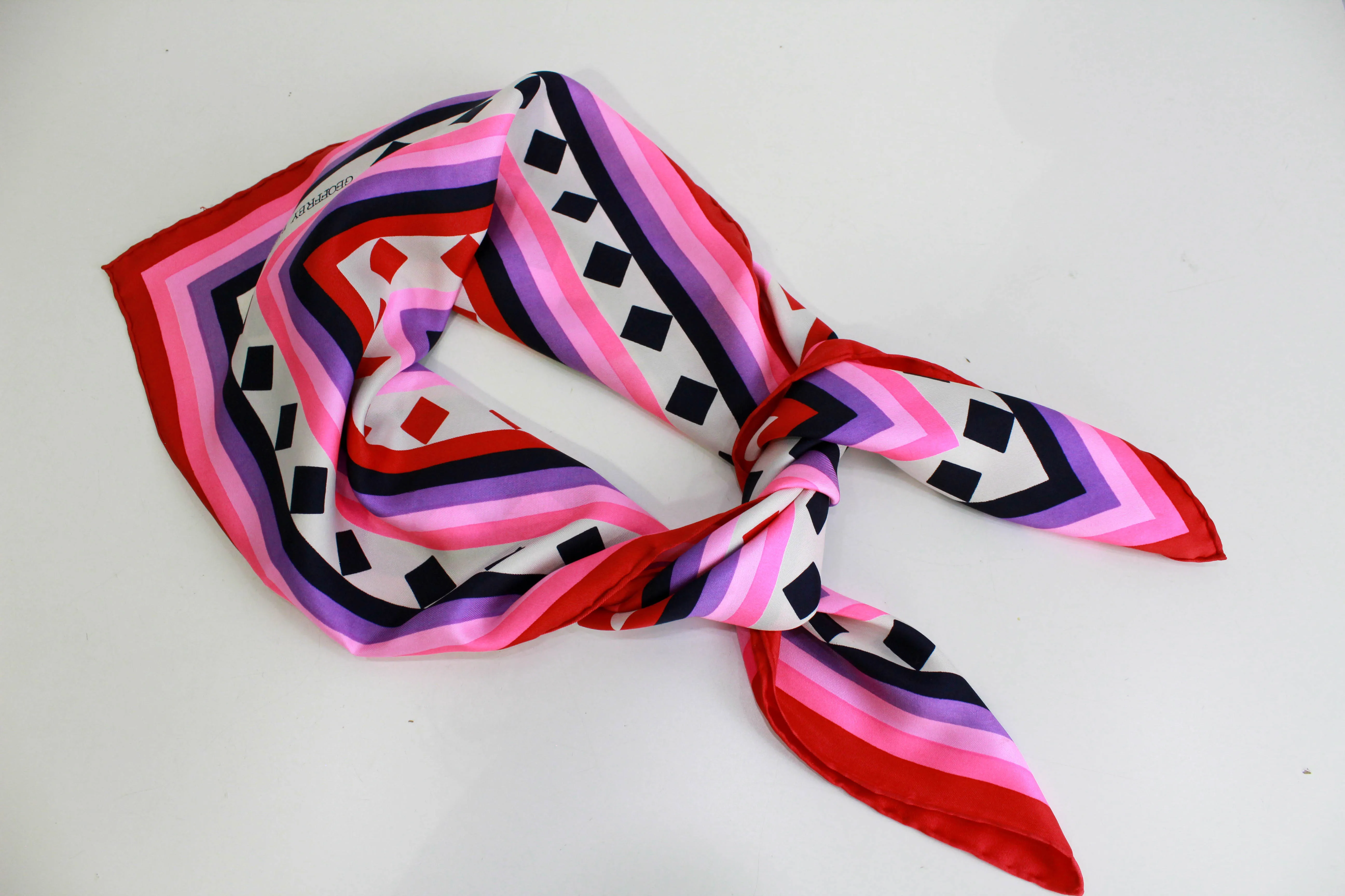 1970s Geoffrey Beene Silk Scarf, Bright Pink Geometric Print