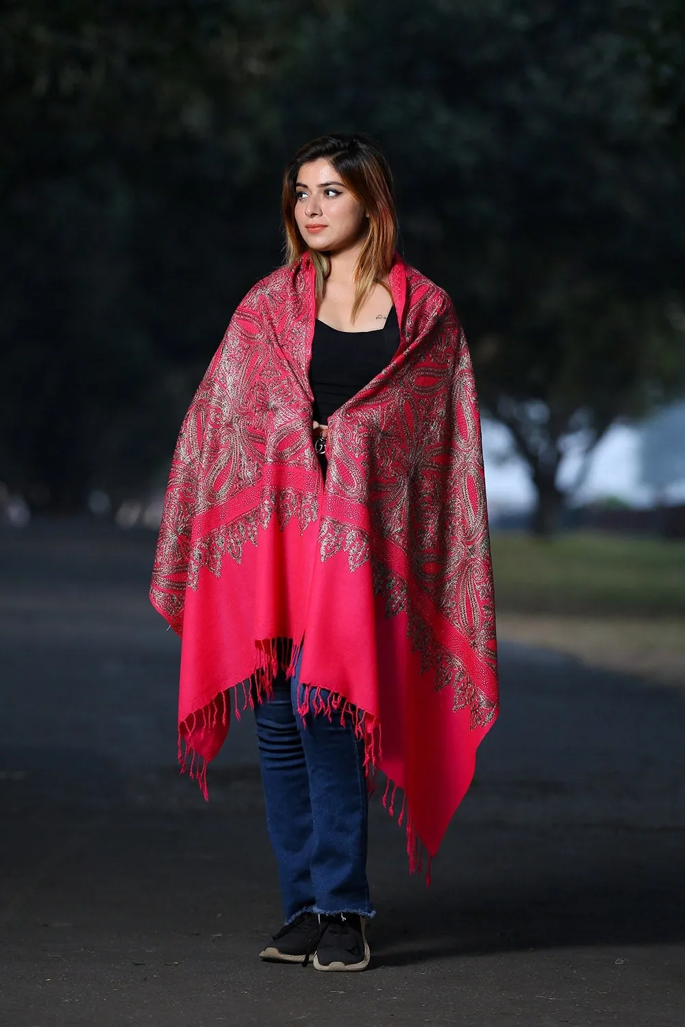 BRIGHT CHARMING PINK COLOUR KASHMIRI STOLE WITH CLASSY SWAROVSKI WORK DEFINES FEMINISM AND ENHANCES SOPHISTICATION