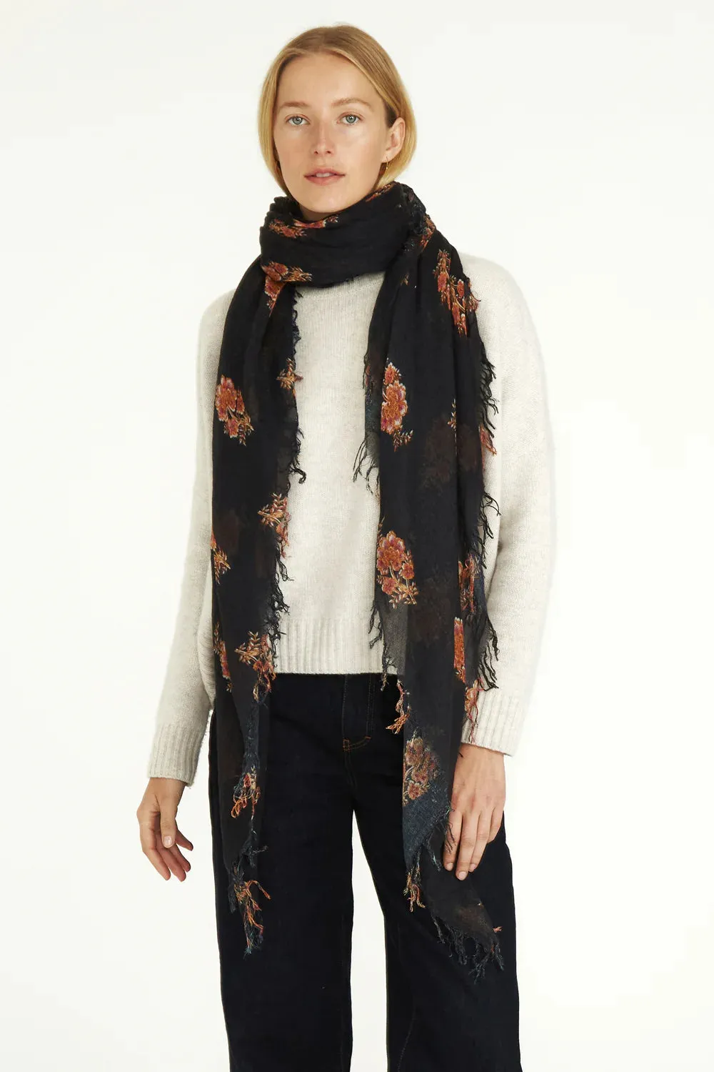 Chan Luu- Hibiscus Floral Cashmere and Silk Scarf- pageant blue