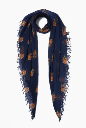 Chan Luu- Hibiscus Floral Cashmere and Silk Scarf- pageant blue