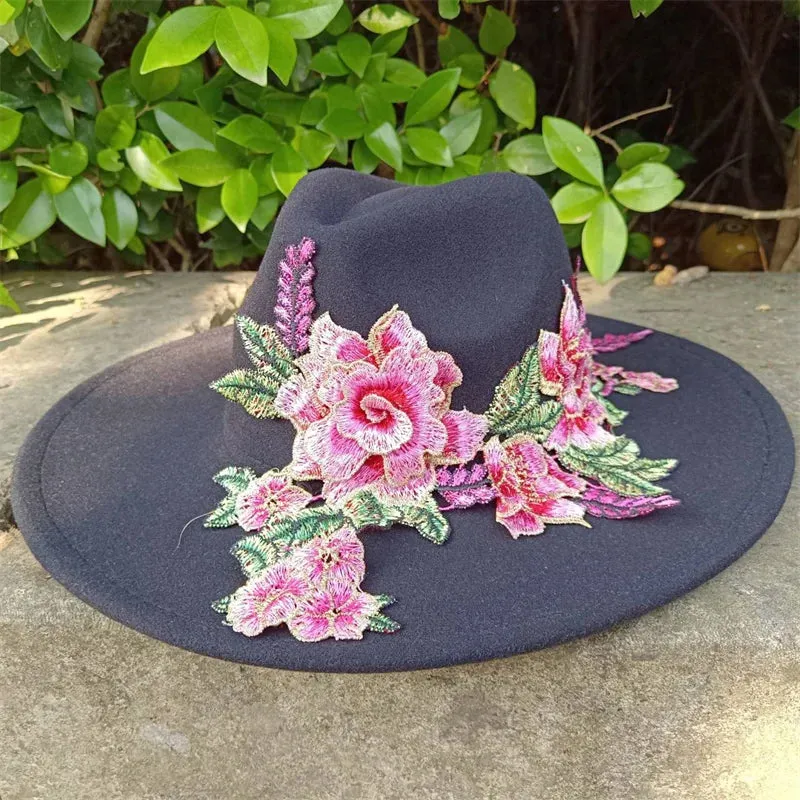 Fedora hats 3D embroidered flowers Fedora men and women hats Jazz hats Women's hats