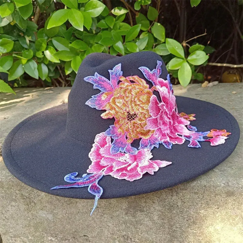 Fedora hats 3D embroidered flowers Fedora men and women hats Jazz hats Women's hats