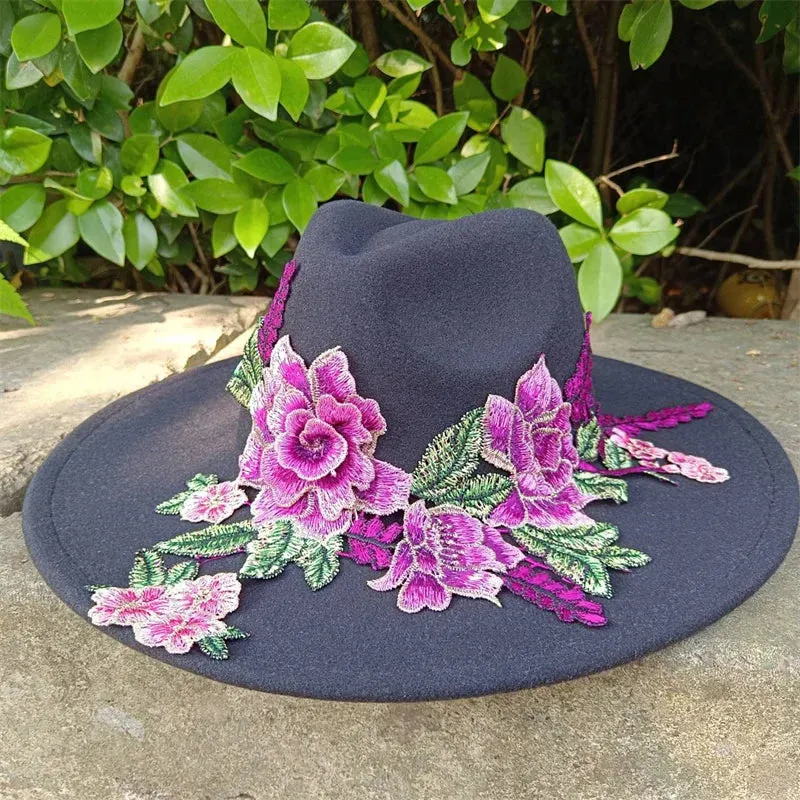 Fedora hats 3D embroidered flowers Fedora men and women hats Jazz hats Women's hats