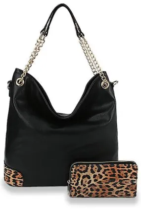 Leopard Detail Tote Handbag and Wallet Set- Black