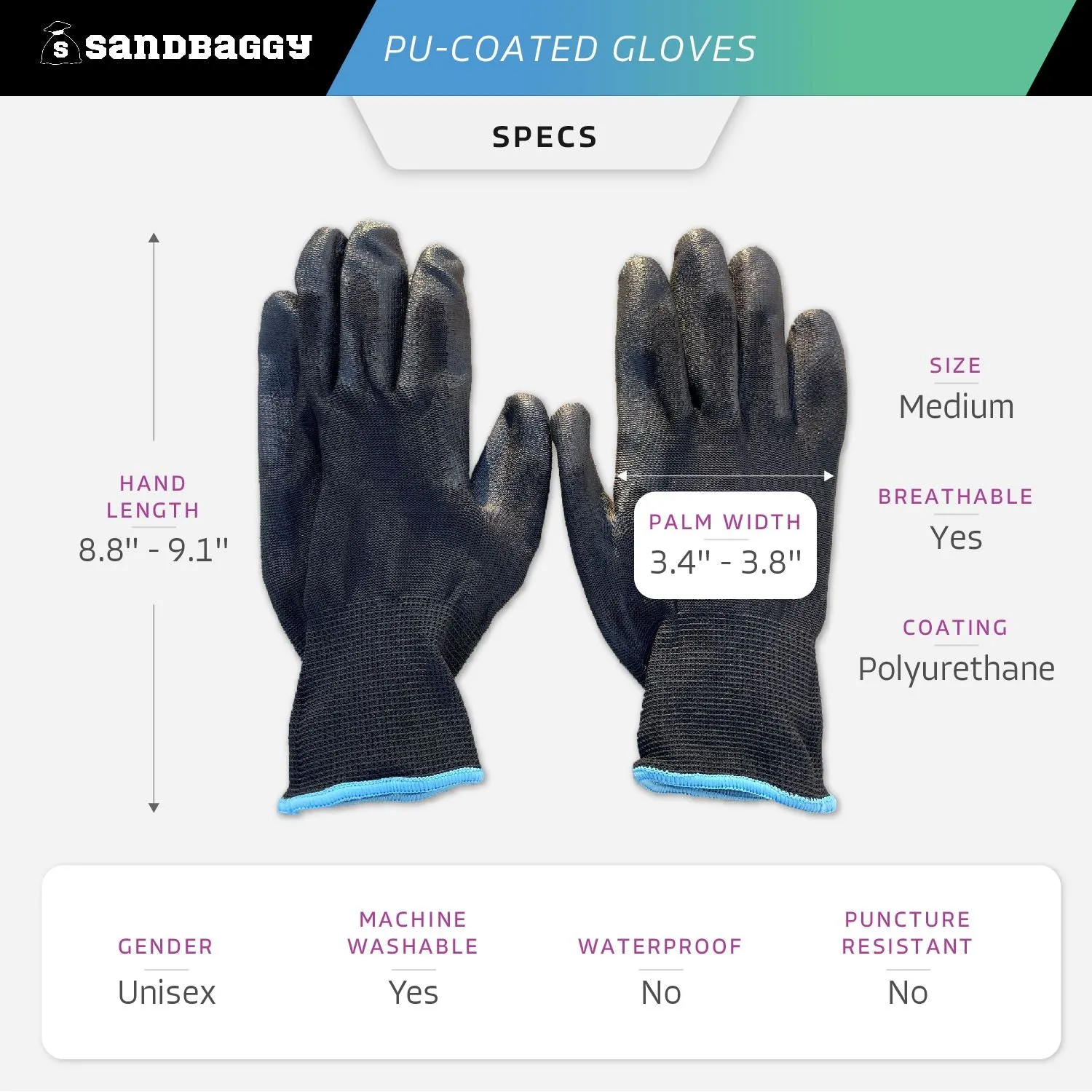 Polyurethane (PU) Coated Gloves - All Purpose Work Gloves (Medium, Unisex)