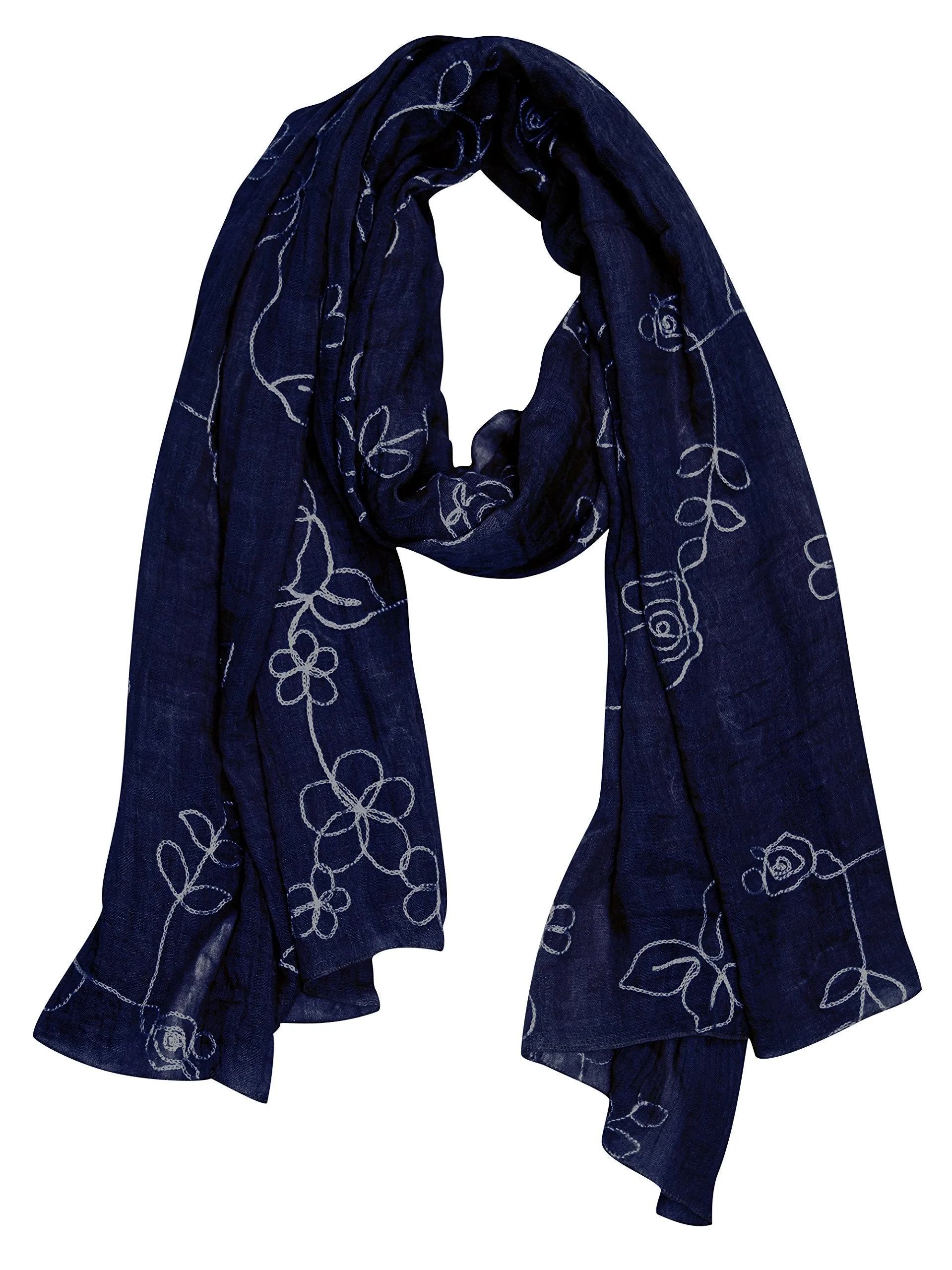 Rose Navy Peach Couture Sheer Soft Cloth Floral Embroidered Flower Summer Shawl Scarf Wrap