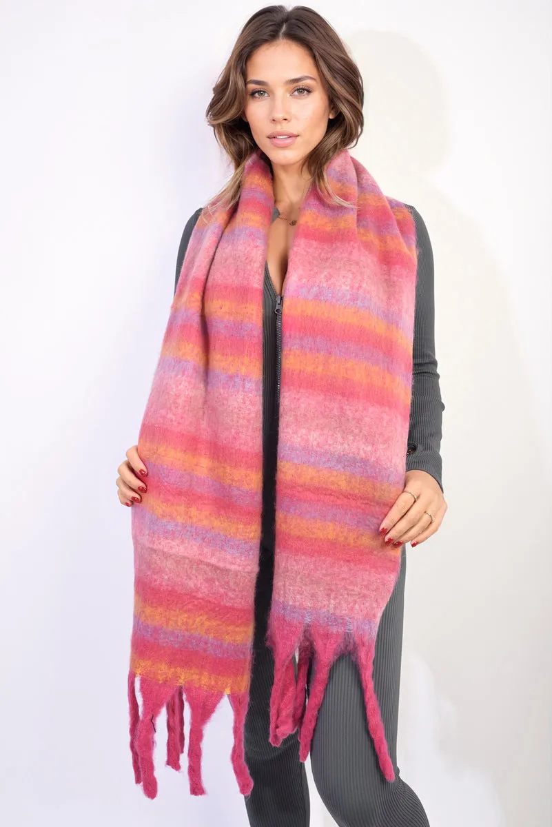 Striped Soft Comfortable Oversized Chunky Scarf With Tassel