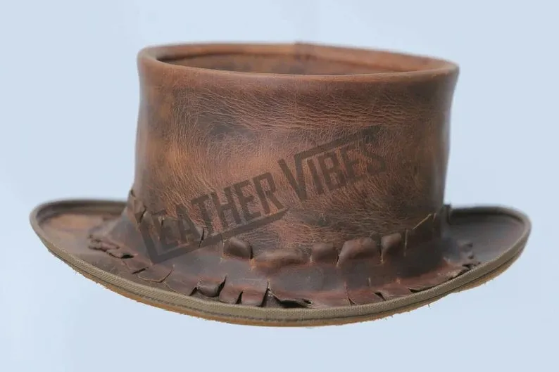 Top Hat-Old Style pale Rider Smokey Distress Brown Leather hat,Leather Top Hat,Gothic Top Hat,Mens Top Hat,Steampunk Top Hat,Custom Top Hat