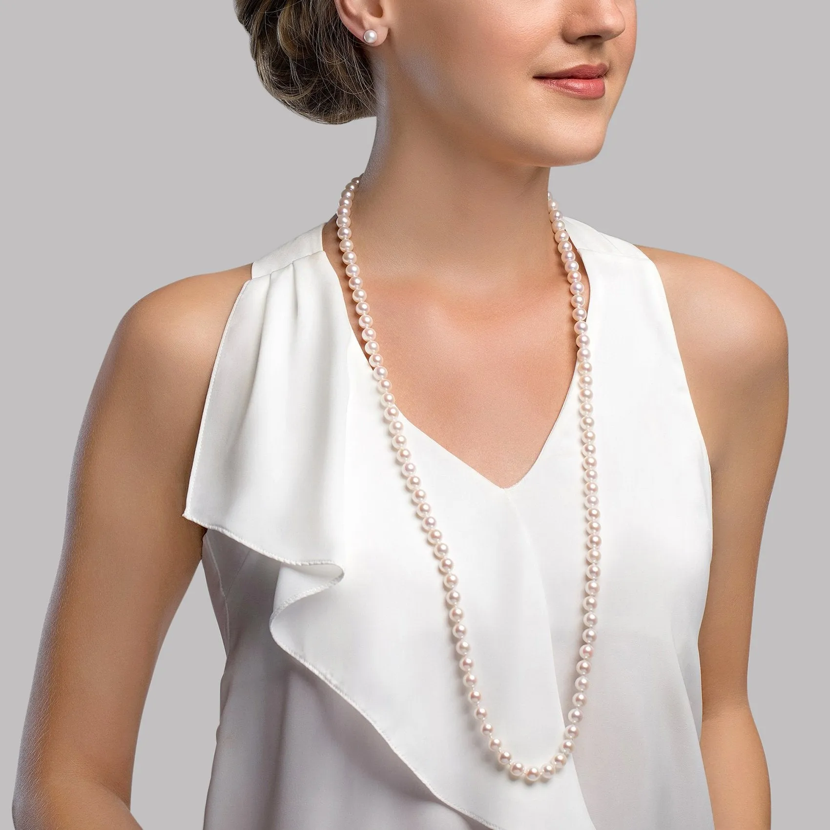 White Japanese Akoya Opera Length Pearl Necklace, 7.0-7.5mm