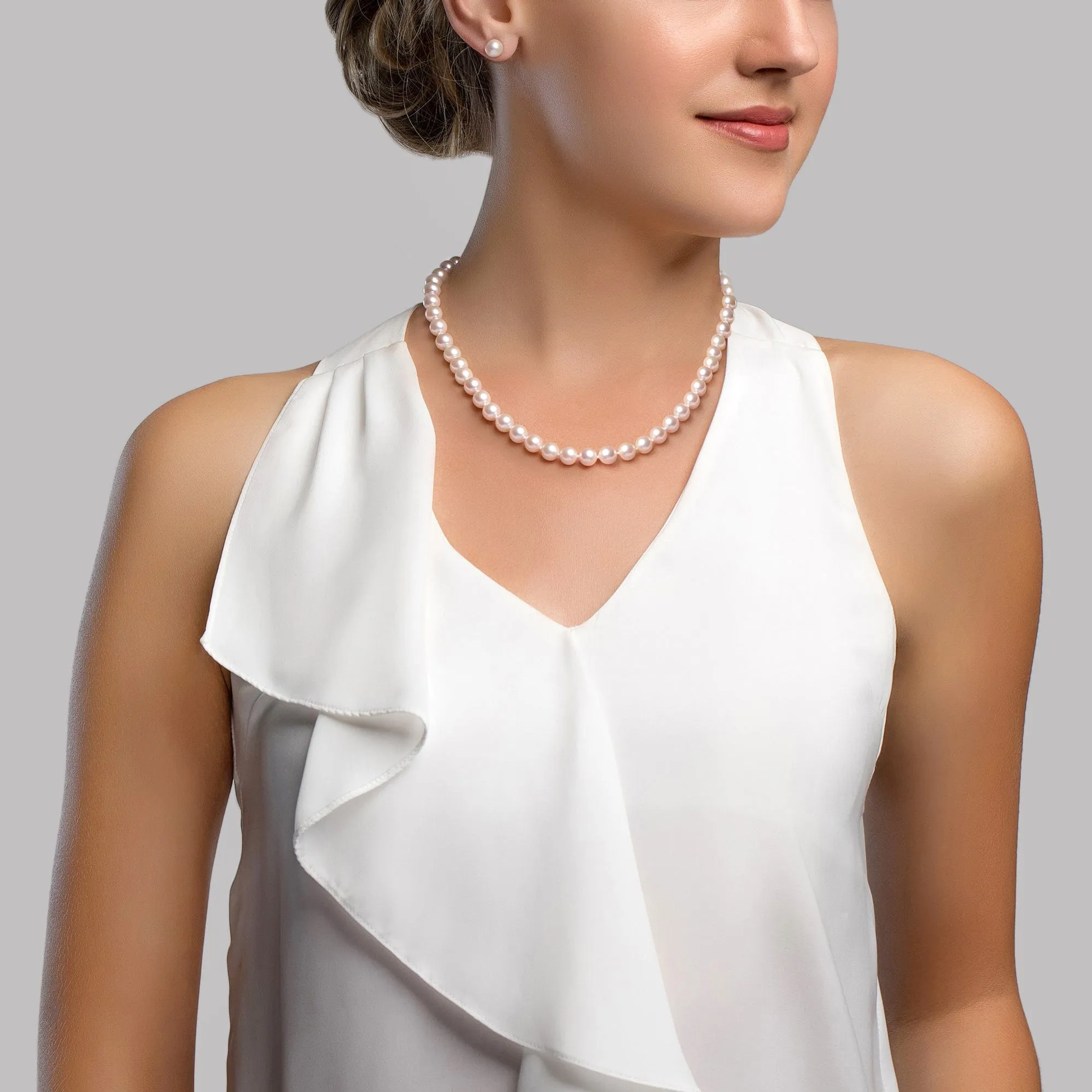 White Japanese Akoya Pearl Necklace & Earring 2-Piece Set, 7.5-8.0mm