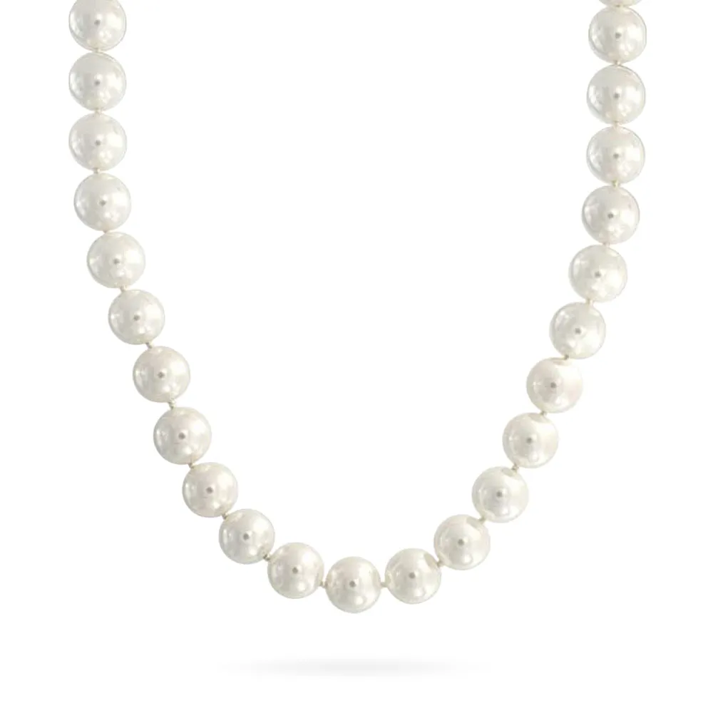 White Pearl Strand Necklace with Rhodium Crystal Clasp 10MM 16 Inch