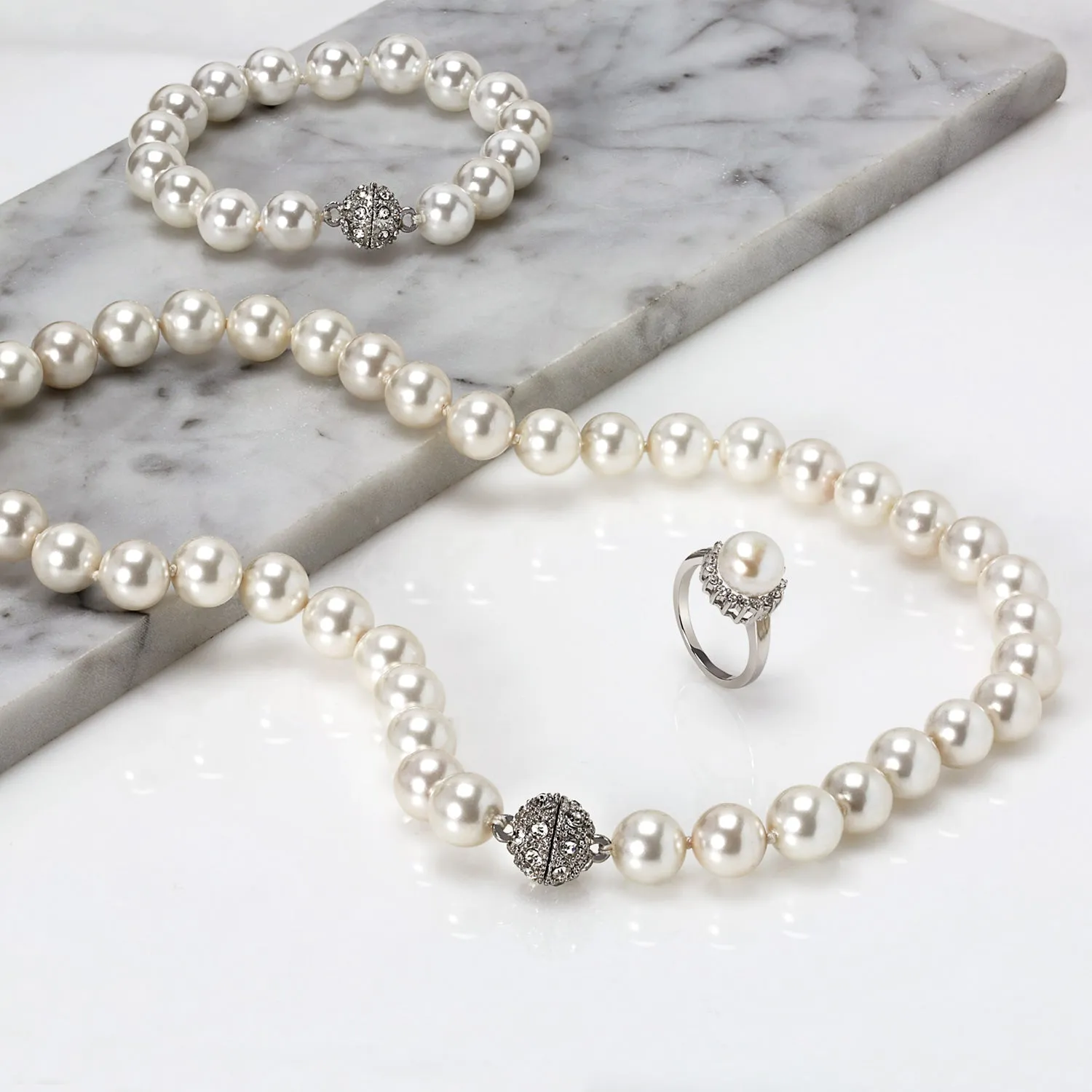 White Pearl Strand Necklace with Rhodium Crystal Clasp 10MM 16 Inch