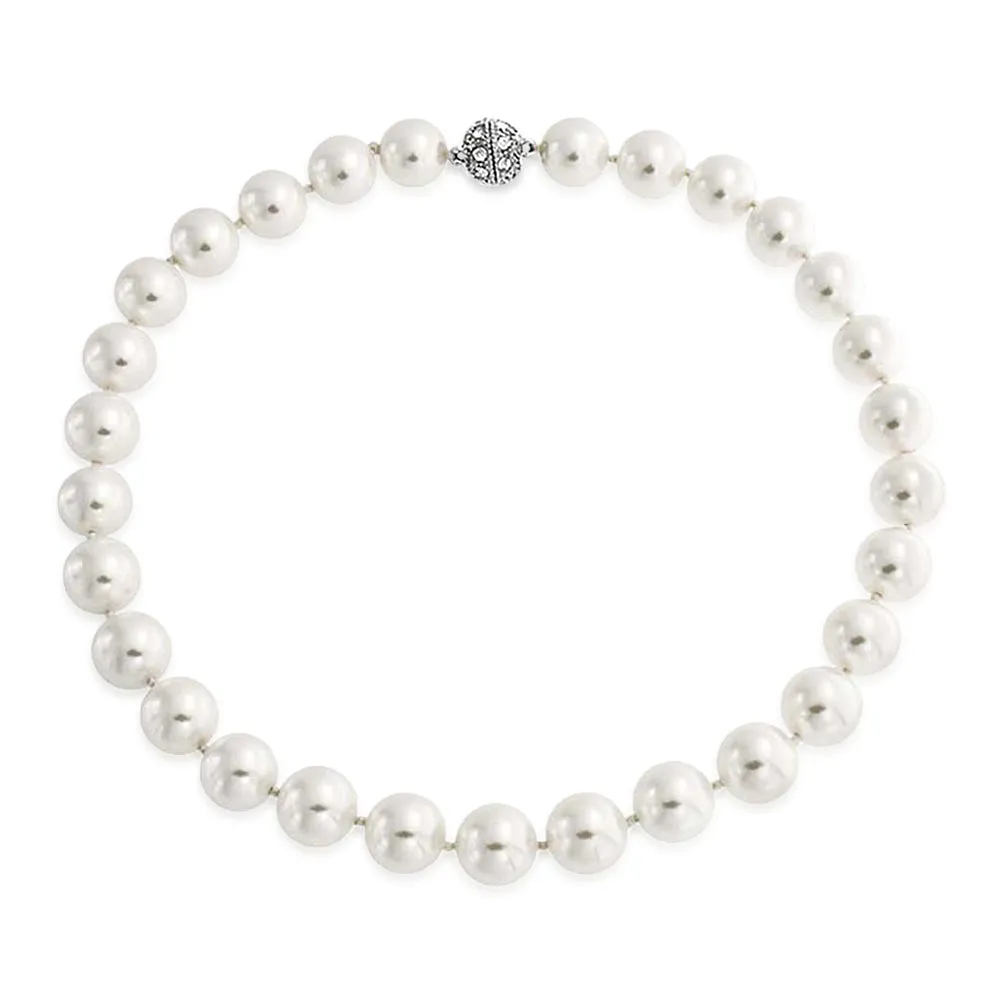 White Pearl Strand Necklace with Rhodium Crystal Clasp 10MM 16 Inch