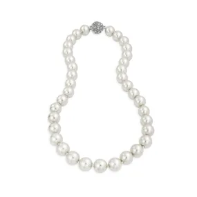 White Pearl Strand Necklace with Rhodium Crystal Clasp 10MM 16 Inch